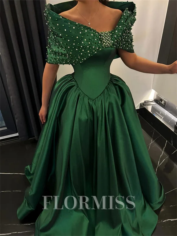 A-line Off-the-Shoulder Beading Floor-Length Satin Corset Prom Dress