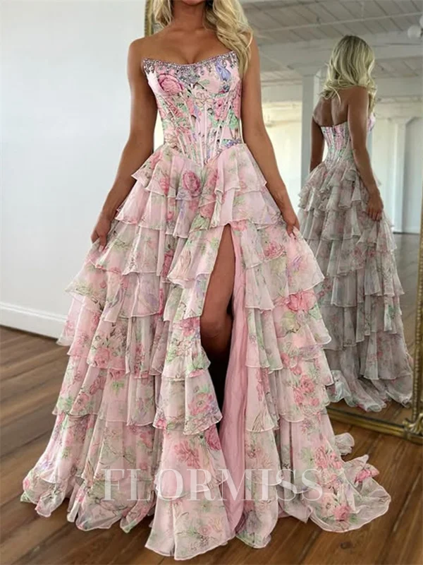 A-line Straight Cascading Ruffles Sweep Train Corset Prom Dress