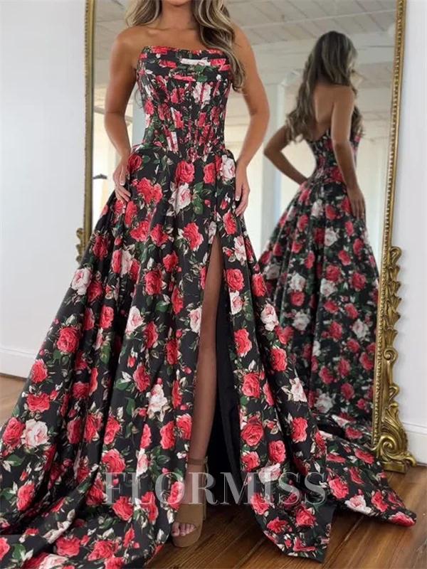 A-line Straight Pleated Court Train Corset Prom Dress