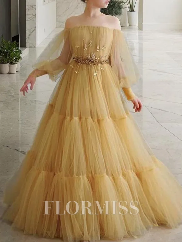 A-Line/Princess Off-the-Shoulder Floor-Length Tulle Prom Dress With Beading