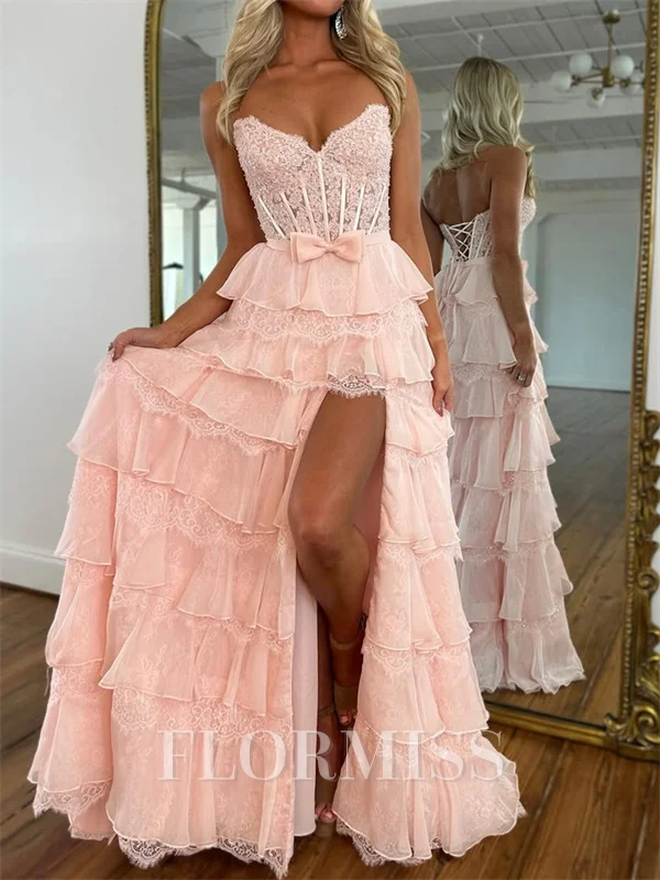 A-line Sweetheart Cascading Ruffles Sweep Train 30D Chiffon Corset Prom Dress