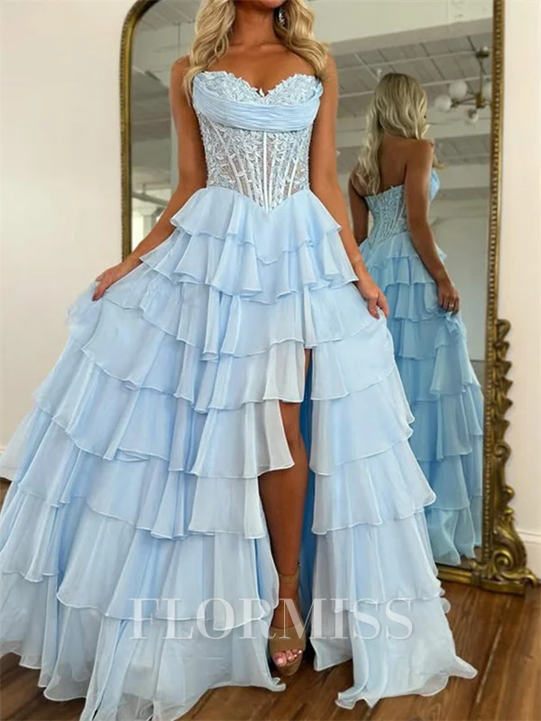 A-line Sweetheart Cascading Ruffles Sweep Train Chiffon Corset Prom Dress