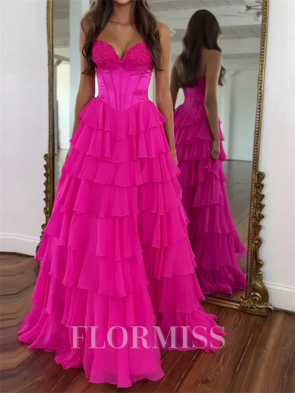 A-line Sweetheart Cascading Ruffles Sweep Train Chiffon Corset Prom Dress