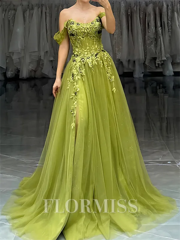 A-line Off-the-Shoulder Appliques Lace Sweep Train Tulle Corset Prom Dress