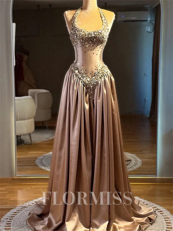 A-line Halter Sequin Sweep Train Silk Like Satin Prom Dress