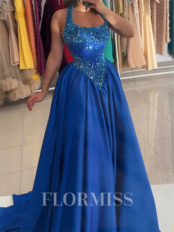 A-line Halter Sequin Sweep Train Silk Like Satin Prom Dress