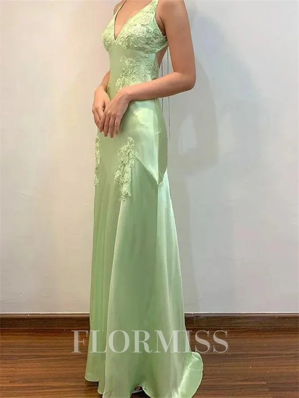Sheath V-neck Appliques Lace Sweep Train Silk Like Satin Prom Dress