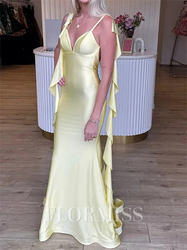 Sheath Spaghetti Straps Ruffles Sweep Train Jersey Prom Dress