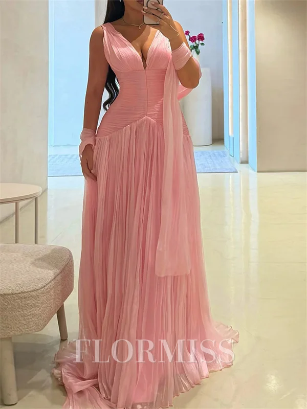 A-line V-neck Pleated Sweep Train Prom Dress