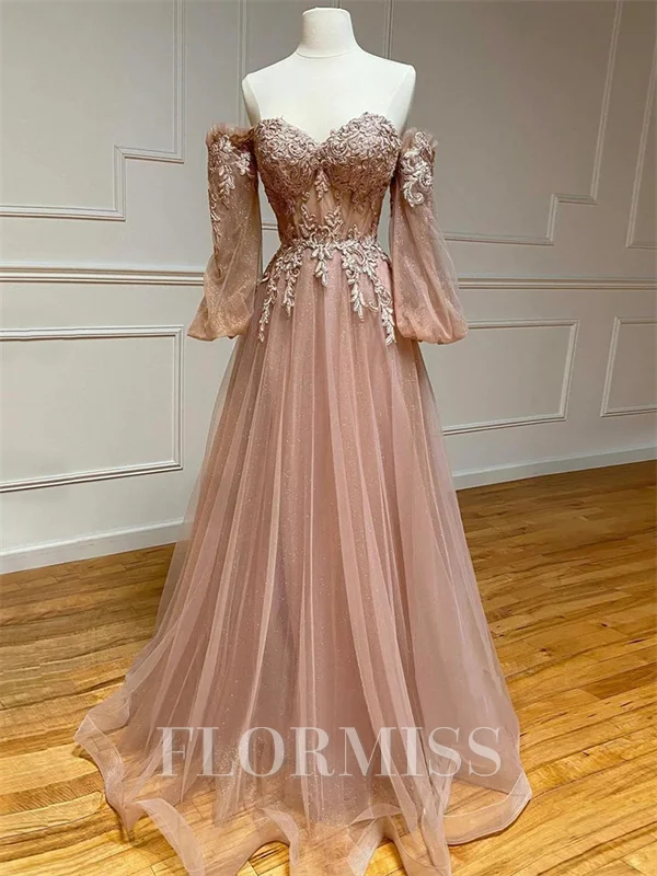 A-line Sweetheart Long Sleeves Appliques Lace Sweep Train Tulle Corset Prom Dress