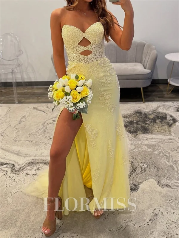 Sheath Sweetheart Appliques Lace Sweep Train Tulle Prom Dress