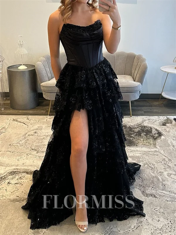 A-line Sweetheart Cascading Ruffles Sweep Train Tulle Corset Prom Dress