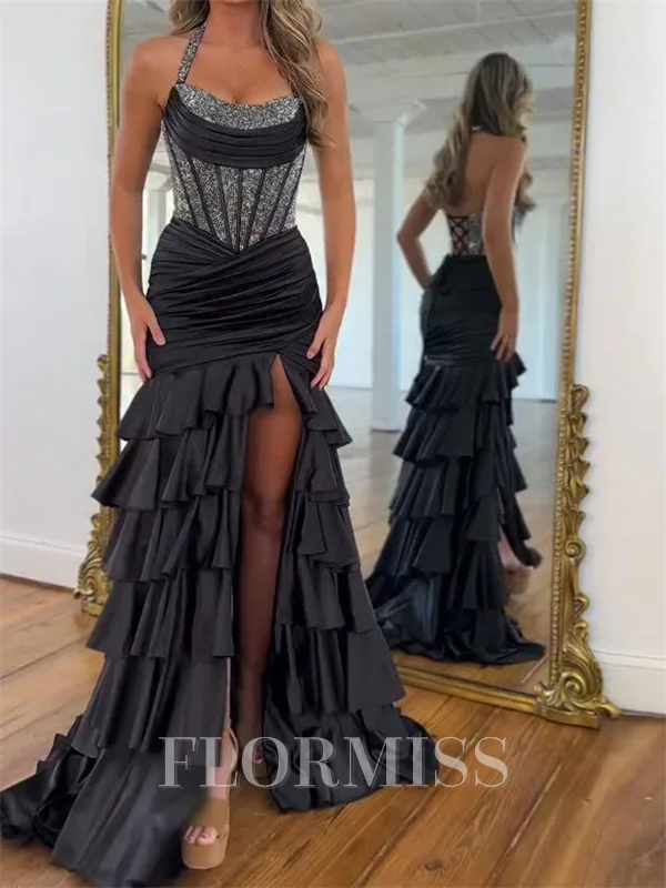 Mermaid Halter Cascading Ruffles Sweep Train Silk Like Satin Corset Prom Dress