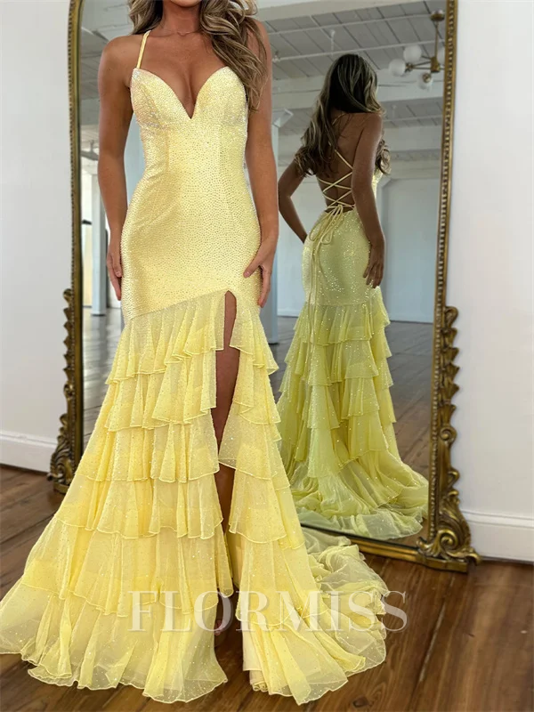 Mermaid Spaghetti Straps Cascading Ruffles Sweep Train 30D Chiffon Corset Prom Dress