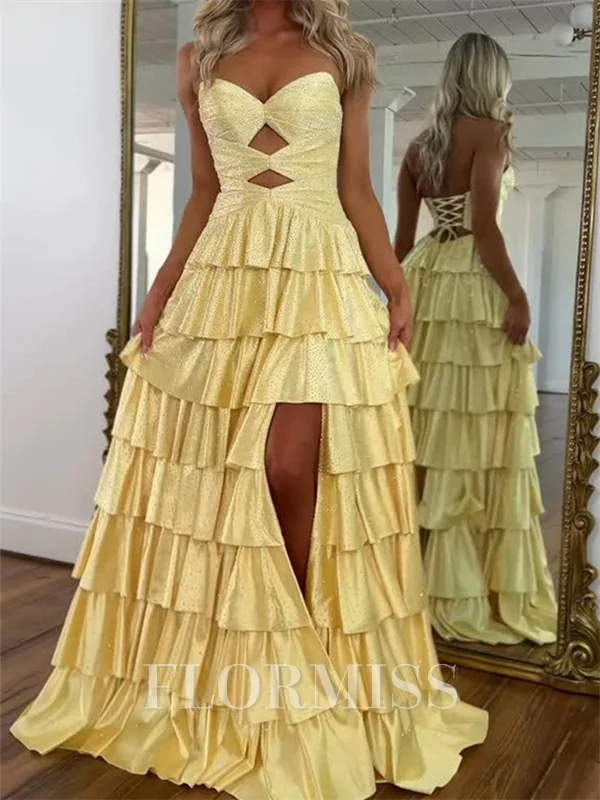 A-line Sweetheart Cascading Ruffles Floor-Length Silk Like Satin Corset Prom Dress