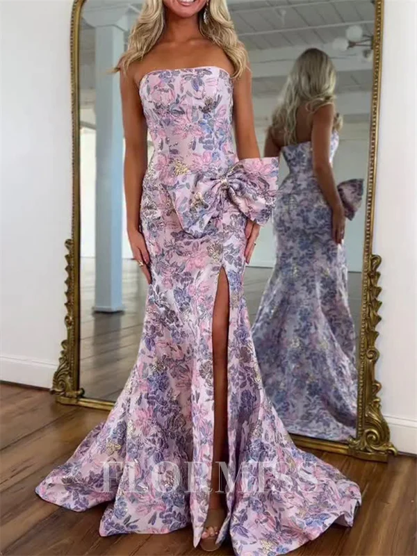 Sheath Straight Bow Sweep Train Corset Prom Dress