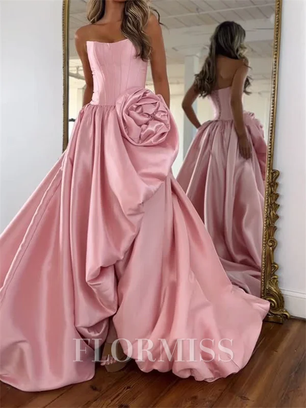 A-line Straight Flower Court Train Silk Like Satin Corset Prom Dress