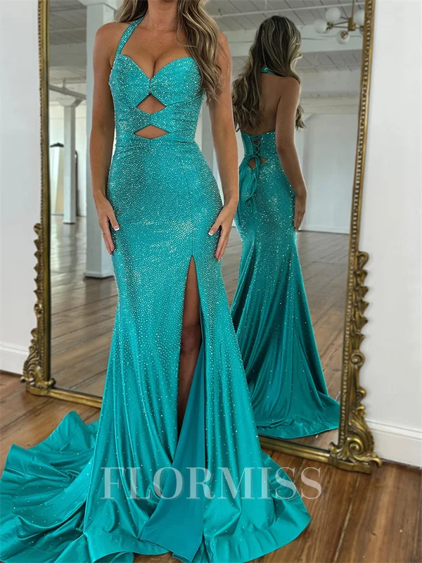 Sheath Halter Sweep Train Silk Like Satin Prom Dress