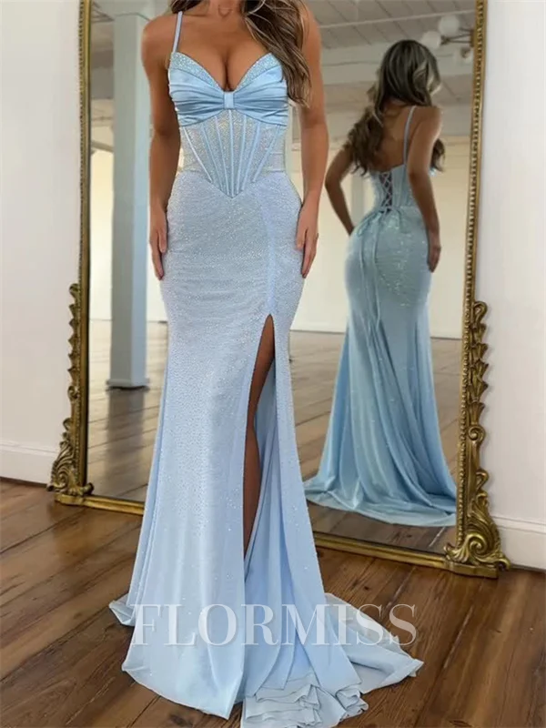 Sheath V-neck Pleated Sweep Train Chiffon Corset Prom Dress