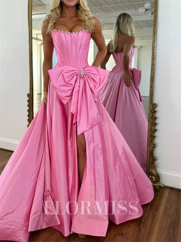 A-line Straight Bow Floor-Length Taffeta Corset Prom Dress