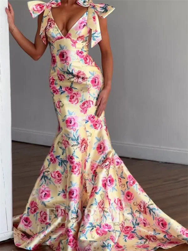 Sheath V-neck Bow Sweep Train Prom Dress