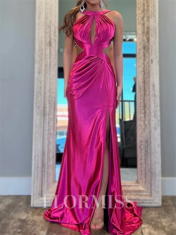 Sheath Halter Pleated Court Train Prom Dress