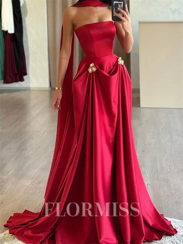 A-line Straight Pleated Sweep Train Silk Like Satin Corset Prom Dress