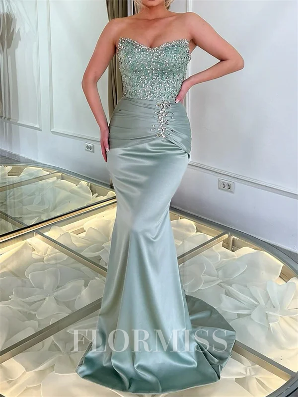 Sheath Straight Beading Sweep Train Silk Like Satin Corset Prom Dress