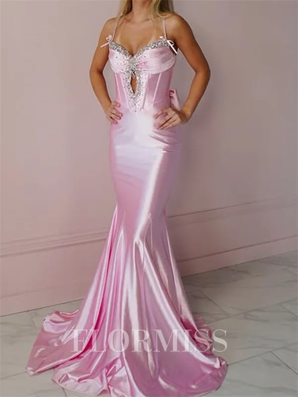 Sheath Spaghetti Straps Beading Court Train Corset Prom Dress