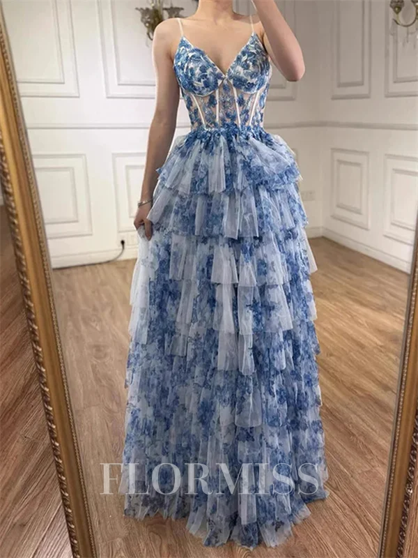 A-line V-neck Cascading Ruffles Floor-Length Corset Prom Dress