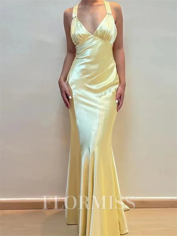Sheath V-neck Pleated Floor-Length Silk Like Satin Corset Prom Dress