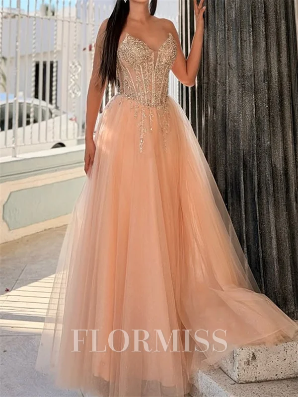 A-line Sweetheart Beading Floor-Length Tulle Corset Prom Dress