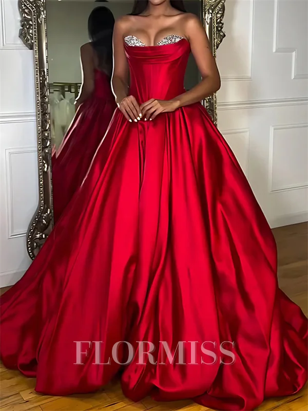 Ball-Gown Sweetheart Beading Court Train Satin Corset Prom Dress