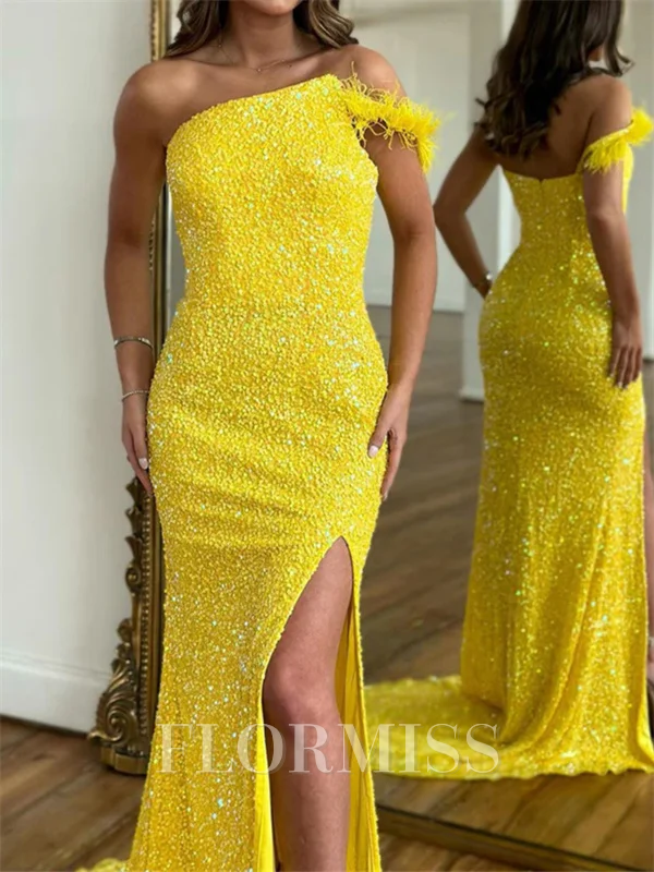 Sheath One-Shoulder Court Train Velvet Sequins Prom Dress