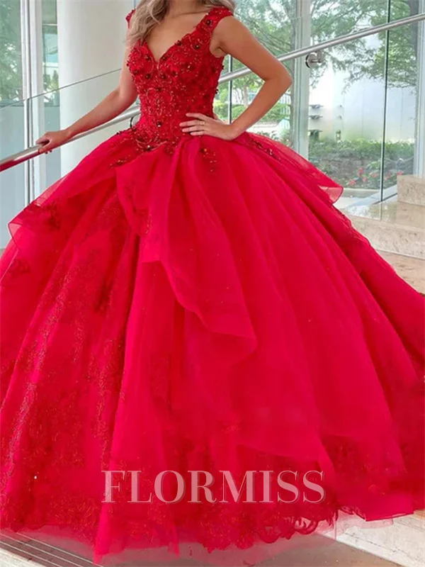 Ball-Gown V-neck Appliques Lace Floor-Length Tulle Corset Prom Dress