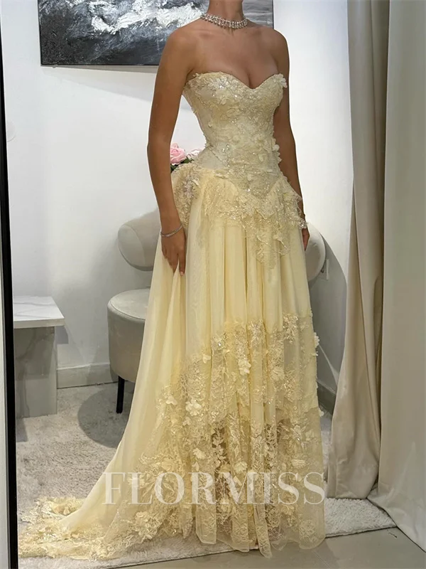 A-line Sweetheart Appliques Lace Sweep Train Chiffon Corset Prom Dress