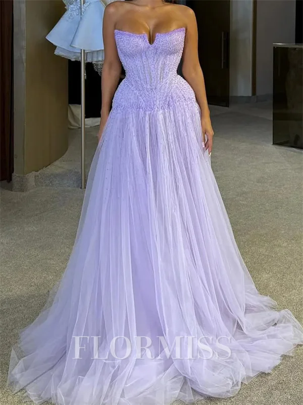 A-line Straight Sweep Train Tulle Corset Prom Dress