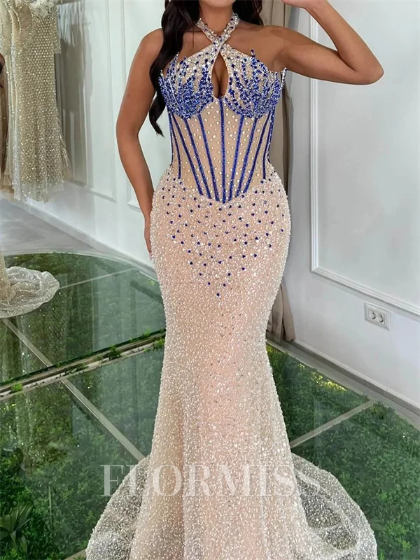 Sheath Halter Beading Sweep Train Corset Prom Dress