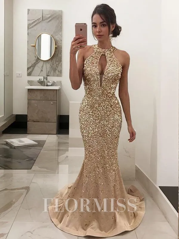 Trumpet/Mermaid Halter Sweep Train Satin Prom Dress