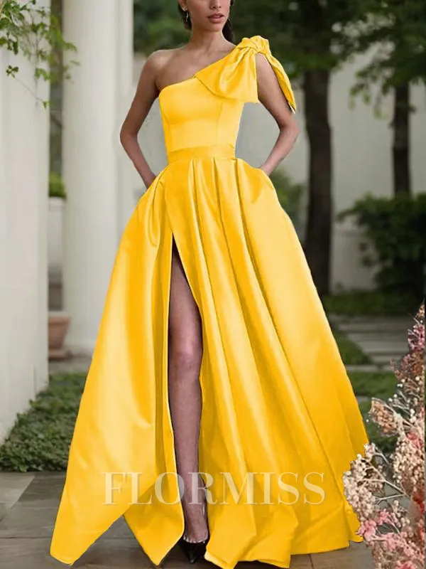 A-Line/Princess One-Shoulder Sweep Train Satin Prom Dress With Leg Slit