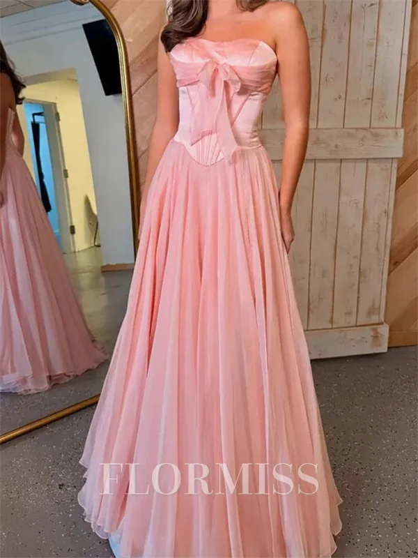 A-line Straight Ruffles Sweep Train Chiffon Corset Prom Dress