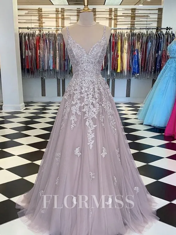 A-Line/Princess V-neck Floor-Length Tulle Prom Dress With Appliques Lace