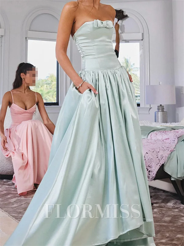 A-line Straight Ruffles Sweep Train Satin Corset Prom Dress