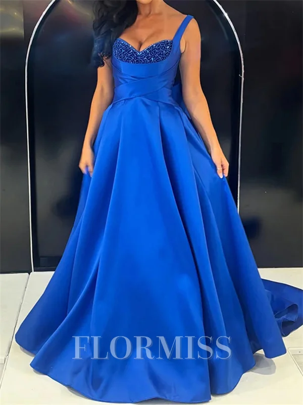 A-line Sweetheart Bow Sweep Train Satin Corset Prom Dress