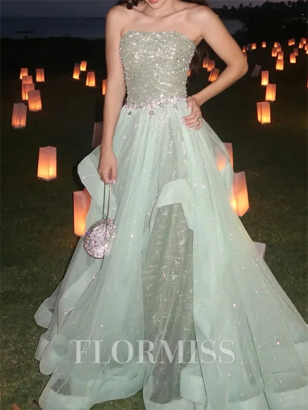 A-line Straight Cascading Ruffles Floor-Length Tulle Prom Dress