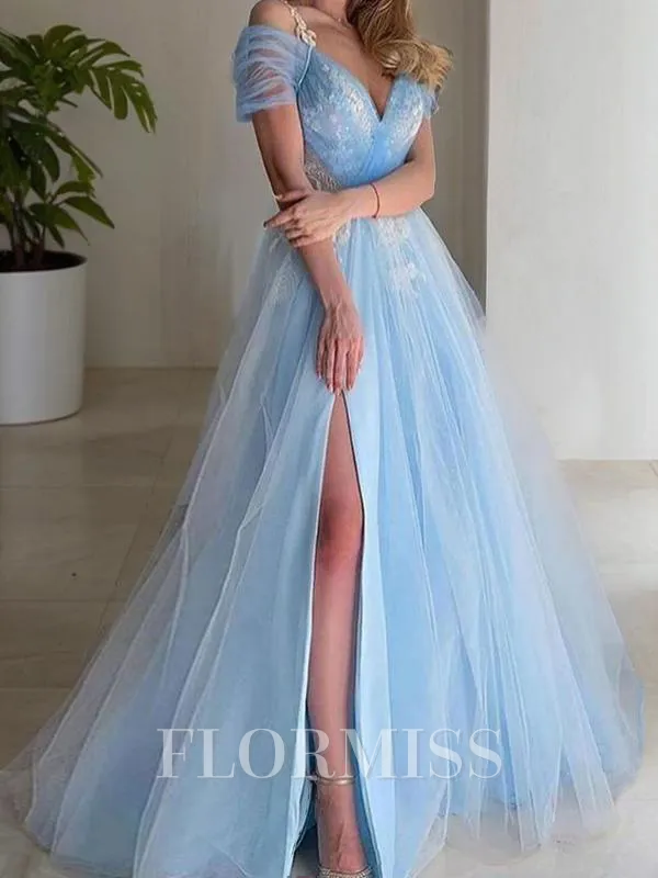 A-Line/Princess V-neck Sweep Train Tulle Prom Dress With Leg Slit