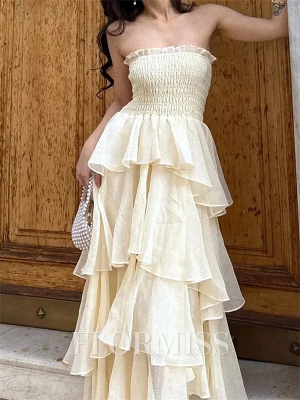 A-line Straight Cascading Ruffles Sweep Train Prom Dress