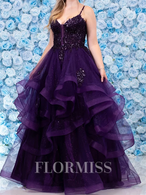 A-line Spaghetti Straps Cascading Ruffles Floor-Length Tulle Corset Prom Dress