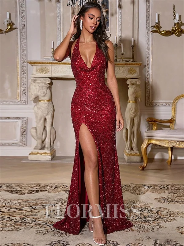 Sheath Halter Sequin Sweep Train Sequins Prom Dress