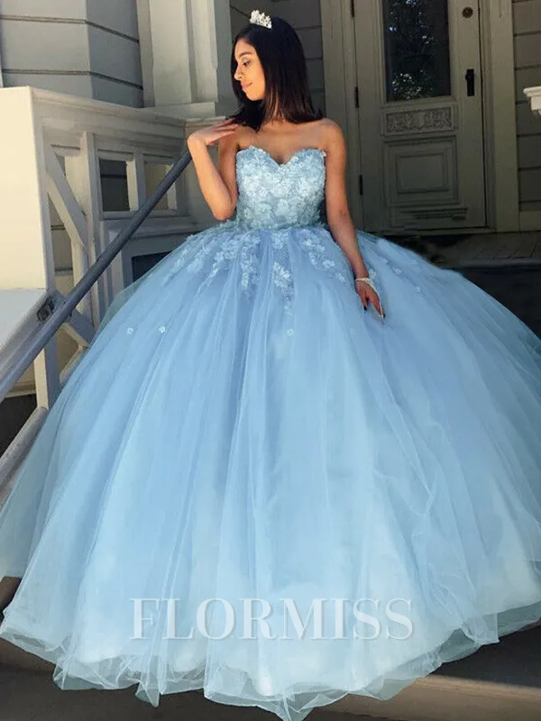 Ball Gown Sweetheart Sweep Train Tulle Prom Dress With Appliques Lace